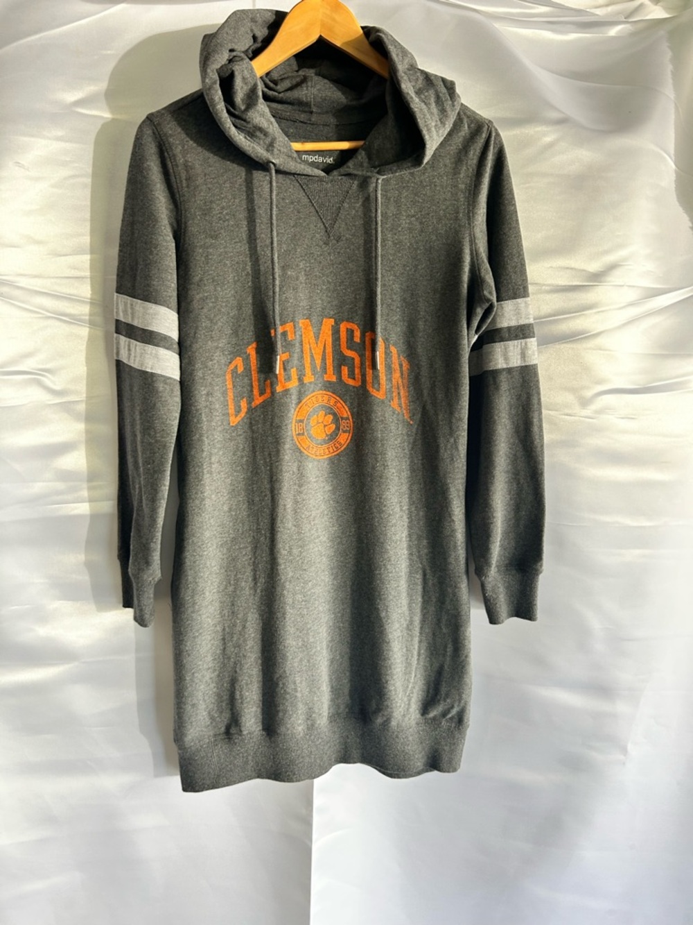 Clemson Charcoal Hooded Sweatshirt Dress with stripe sleeves | Size Medium